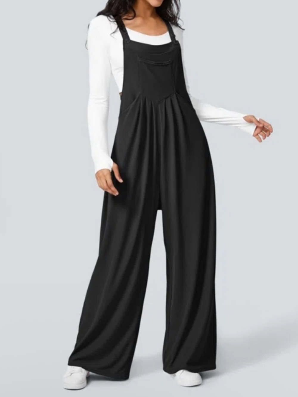 HALARA Black Wide-Leg Pockets Waffle Overalls Jumpsuit